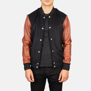 
Men's Vaxton Brown Hybrid Varsity Jacket in Black & Brown Sheepskin Leather - Front Profile View & Tailored Silhouette | Buy Online