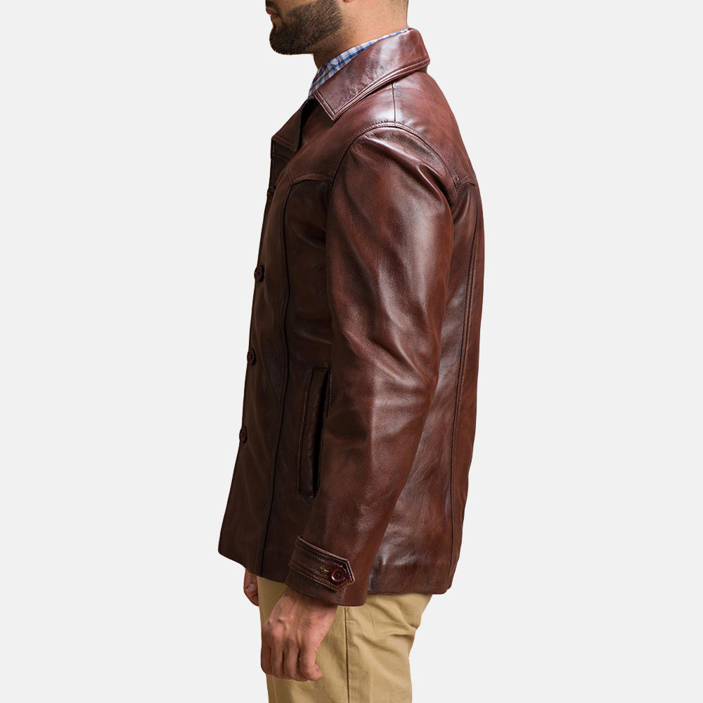 
Close-Up Detail of Notch & Button Hardware on Men's Vincent Alley Brown Leather Jacket