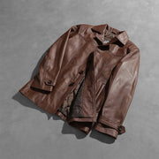 
Open Hem & Hem Craftsmanship Construction Detail on Men's Vincent Alley Brown Leather Jacket