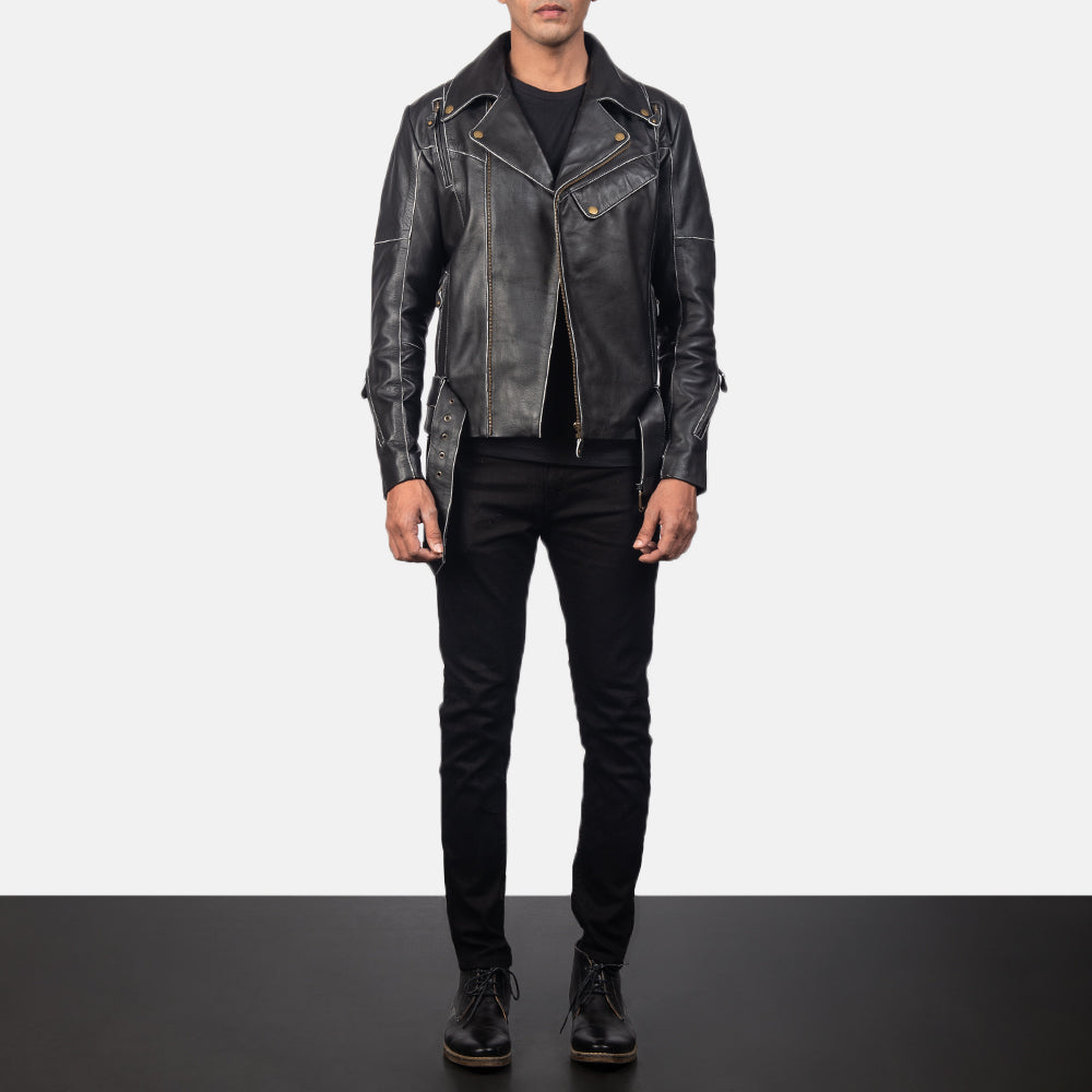 
Men's Vincent Black Leather Biker Jacket - Lateral Side Profile View Showing Sleeve Cut & Athletic Taper Fit