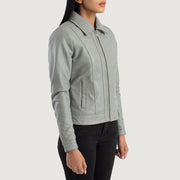 
Styled Fit Perspective of Women's Vixen Pink Classic Collar Leather Jacket on Model - Natural Daylight Drape