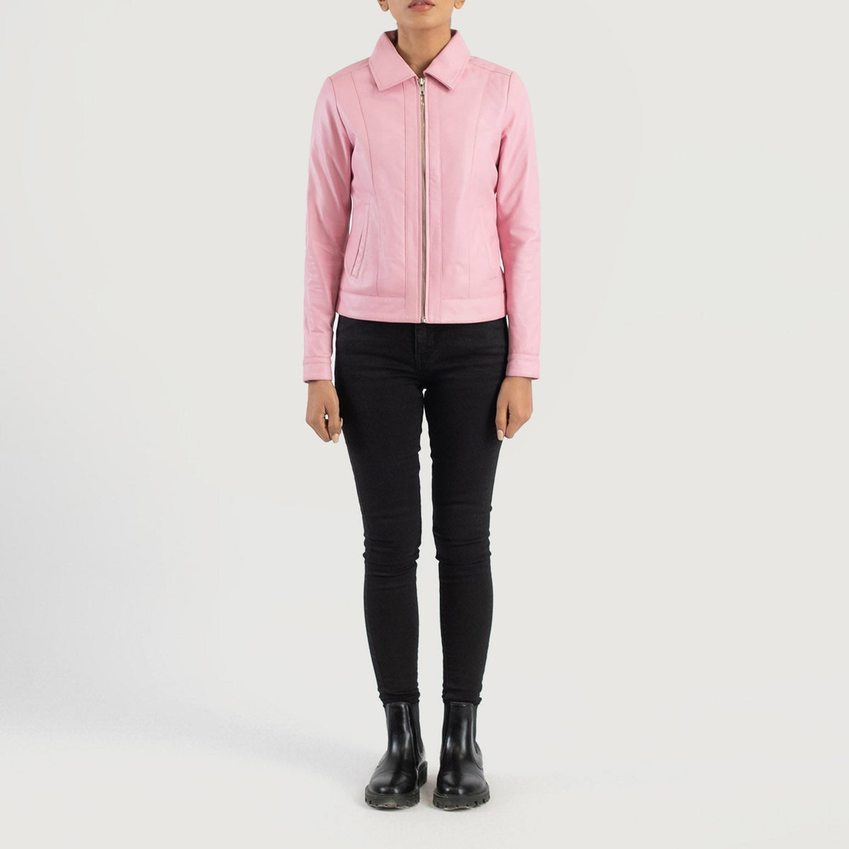 
Women's Vixen Pink Classic Collar Leather Jacket - Lateral Side Profile View Showing Sleeve Cut & Athletic Taper Fit