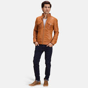 
Voltex Tan Leather Biker Jacket - Lateral Side Profile View Showing Sleeve Cut & Athletic Taper Fit
