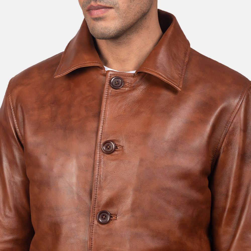 
Waffle Brown Leather Jacket - Lateral Side Profile View Showing Sleeve Cut & Athletic Taper Fit