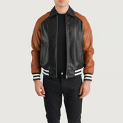
Walton Blue Leather Varsity Jacket in Blue Sheepskin Leather - Front Profile View & Tailored Silhouette | Buy Online