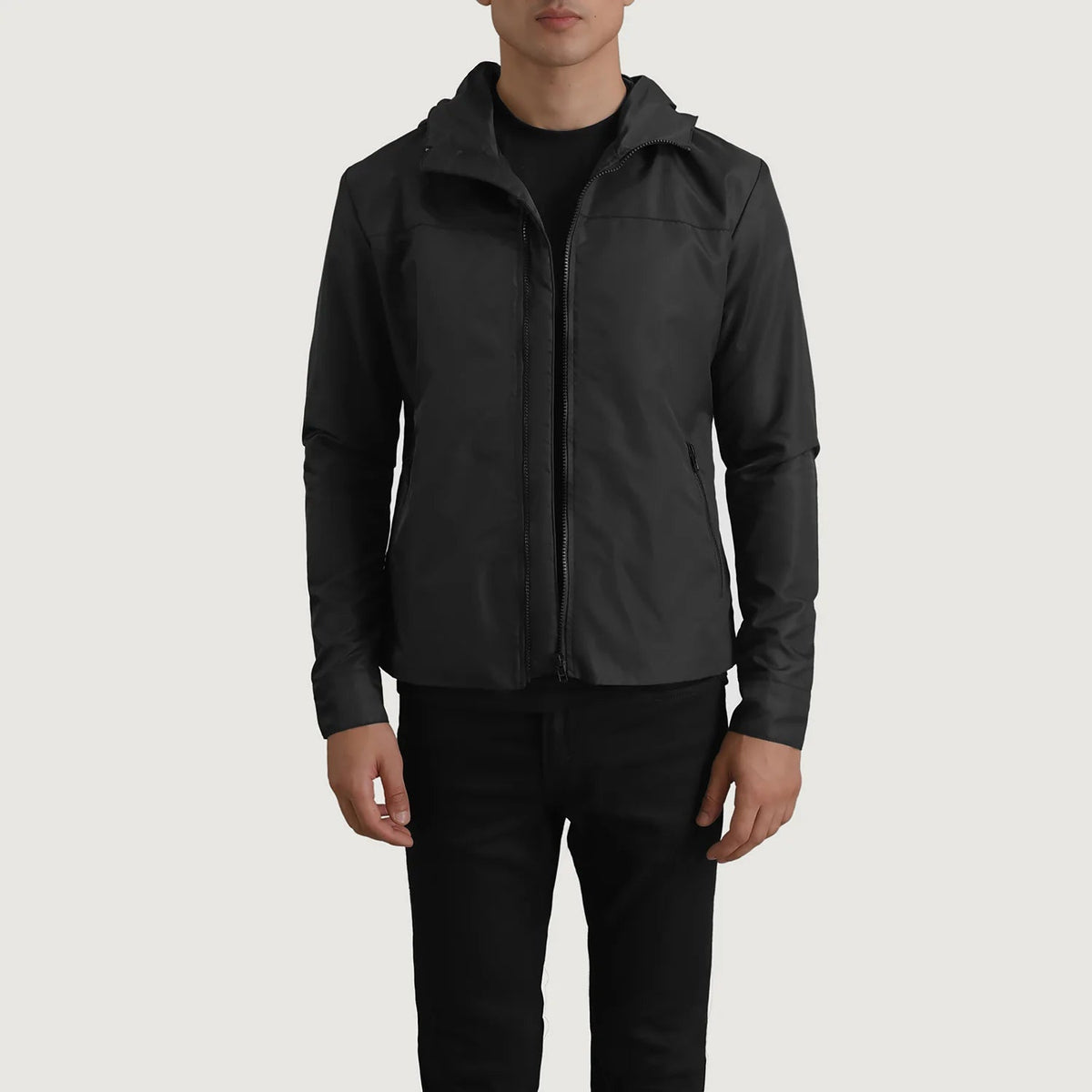 
Wesley Black Hooded Windbreaker Jacket in Black Full-Grain Leather - Front Profile View & Tailored Silhouette | Buy Online