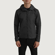 
Close-Up Detail of Classic Collar & Zipper With Inside Wind Flap. Hardware on Wesley Black Hooded Windbreaker Jacket