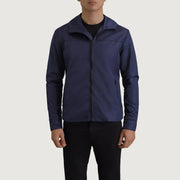 
Close-Up Detail of Classic Collar & Zipper With Inside Wind Flap. Hardware on Wesley Blue Hooded Windbreaker Jacket