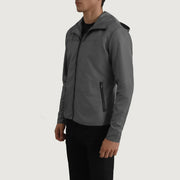 
Grey Full-Grain Leather Hooded Jacket - Back View Showing Tailored Shoulder Fit & Clean Hemline