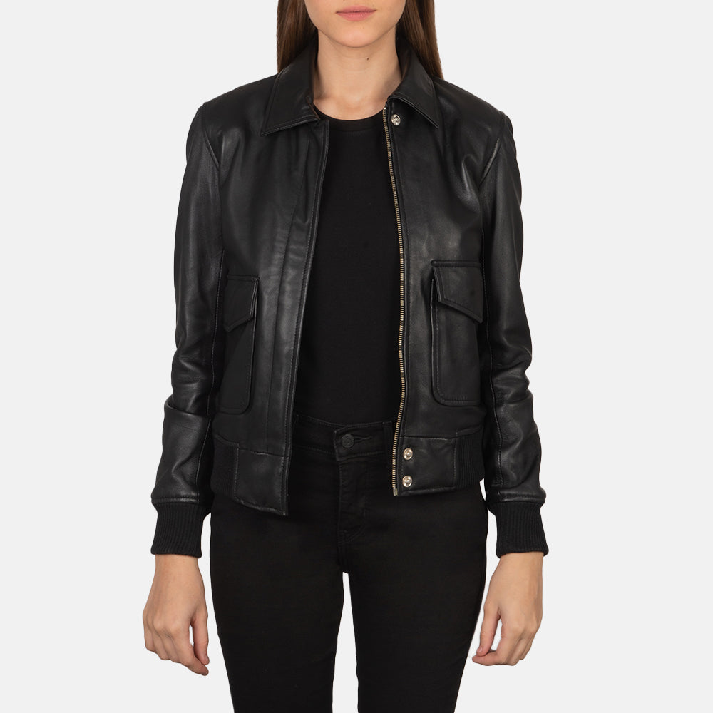 
Women's Westa A-2 Black Leather Bomber Jacket in Black Sheepskin Leather - Front Profile View & Tailored Silhouette | Buy Online