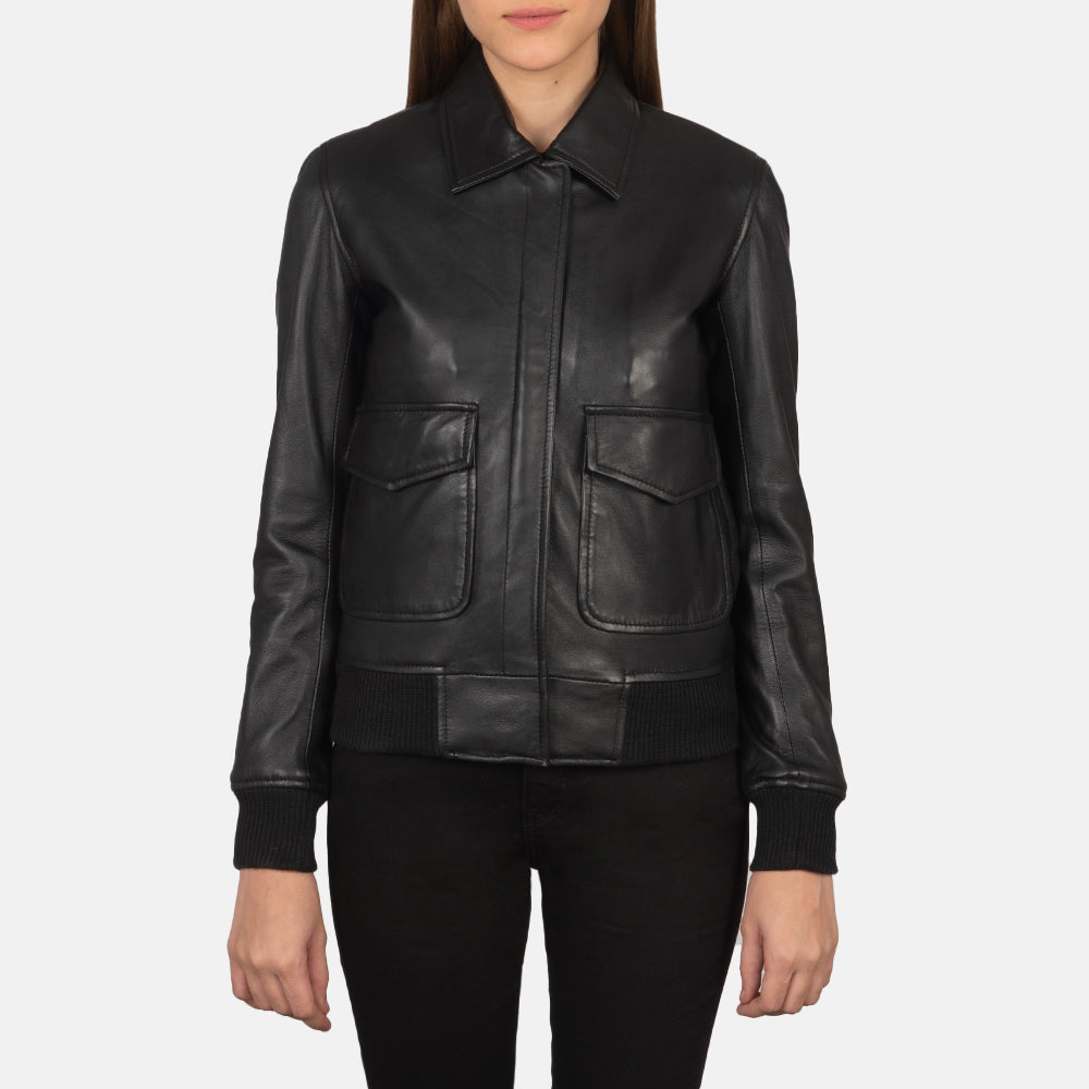 
Close-Up Detail of Shirt & Zipper with Button Flap Hardware on Women's Westa A-2 Black Leather Bomber Jacket