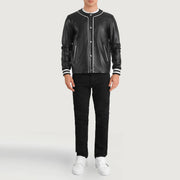 
Willis Black Leather Varsity Jacket - Lateral Side Profile View Showing Sleeve Cut & Athletic Taper Fit