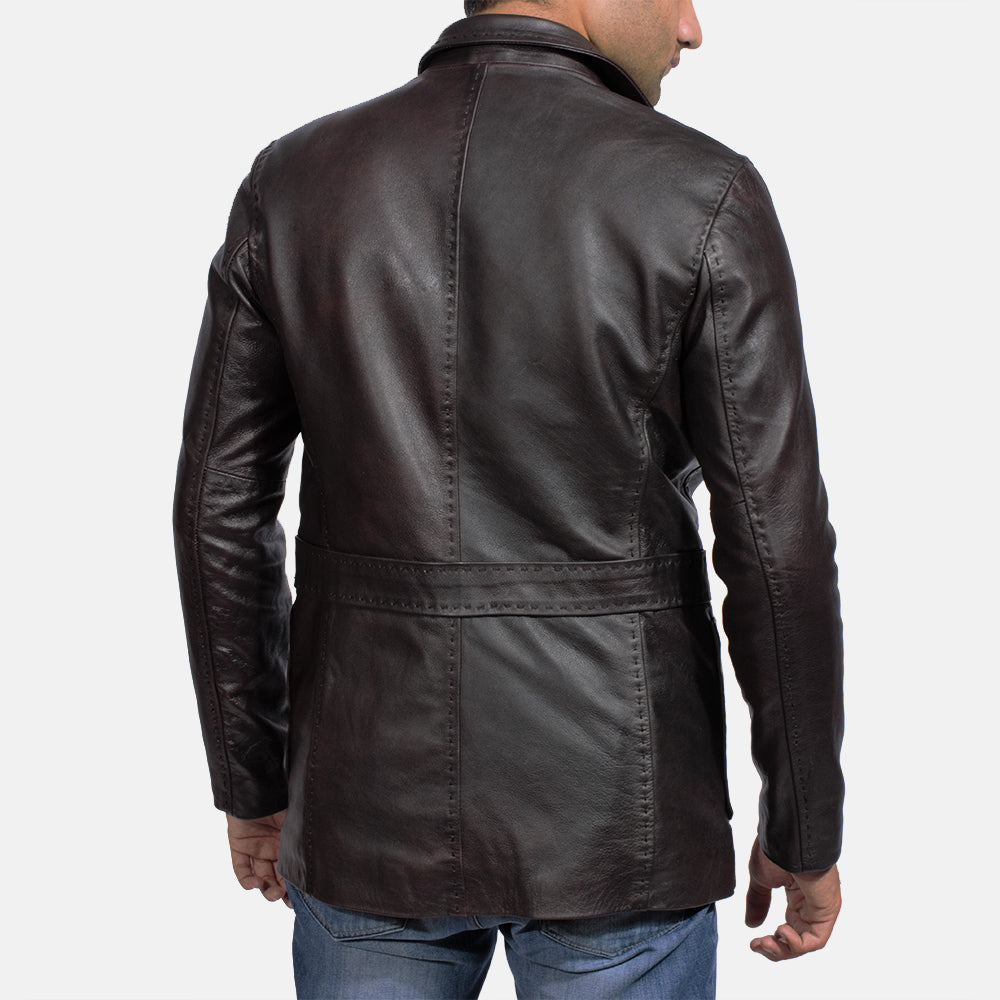 
Men's Wine Black Leather Blazer - Lateral Side Profile View Showing Sleeve Cut & Athletic Taper Fit