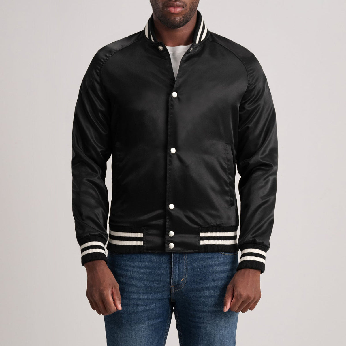 
Xander Black Varsity Jacket in Black Satin - Front Profile View & Tailored Silhouette | Buy Online