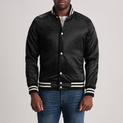 
Xander Black Varsity Jacket in Black Satin - Front Profile View & Tailored Silhouette | Buy Online