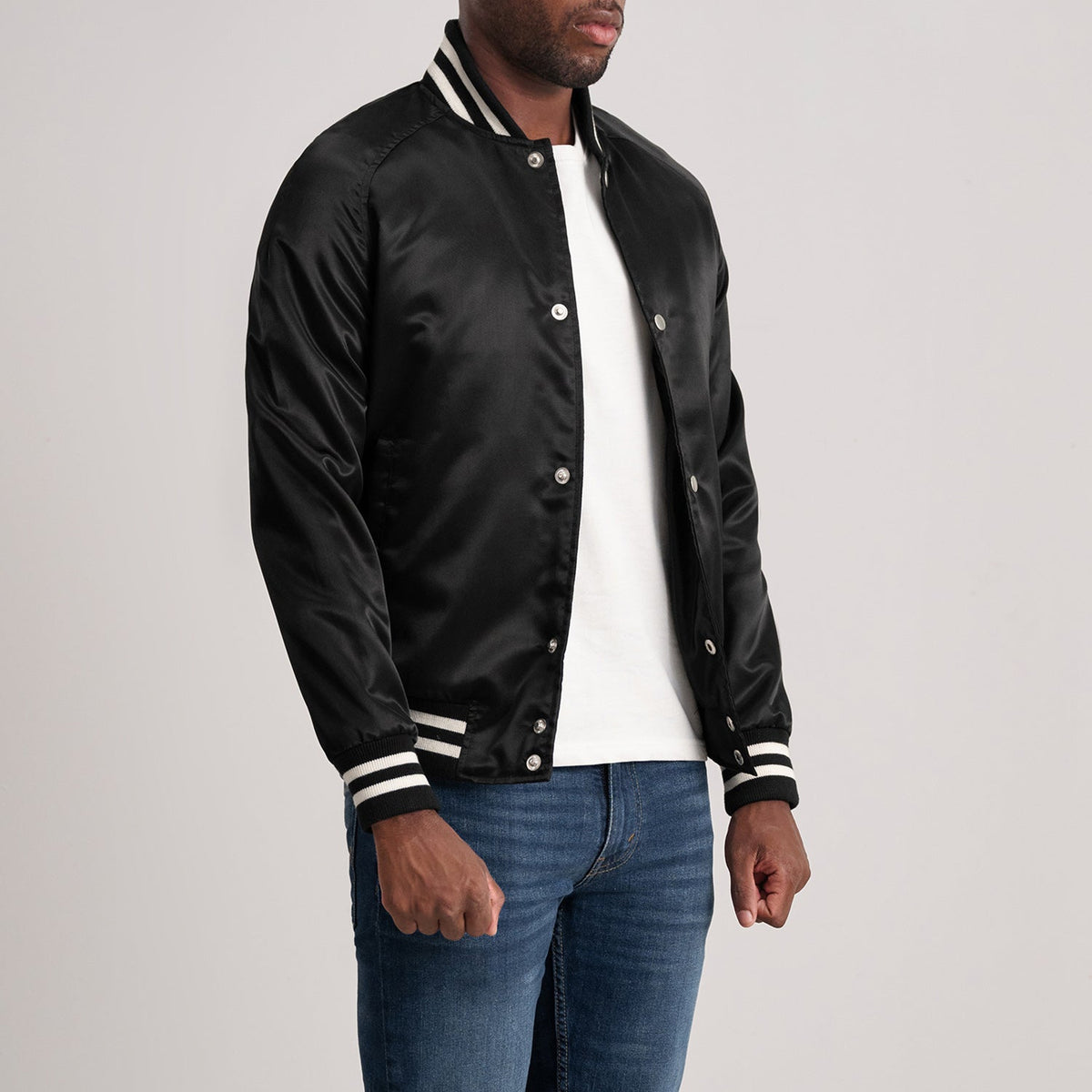 
Black Satin Varsity Jacket - Back View Showing Tailored Shoulder Fit & Clean Hemline