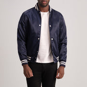 
Xander Blue Varsity Jacket - Lateral Side Profile View Showing Sleeve Cut & Athletic Taper Fit