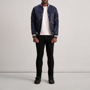 
Close-Up Detail of Varsity & Button Hardware on Xander Blue Varsity Jacket