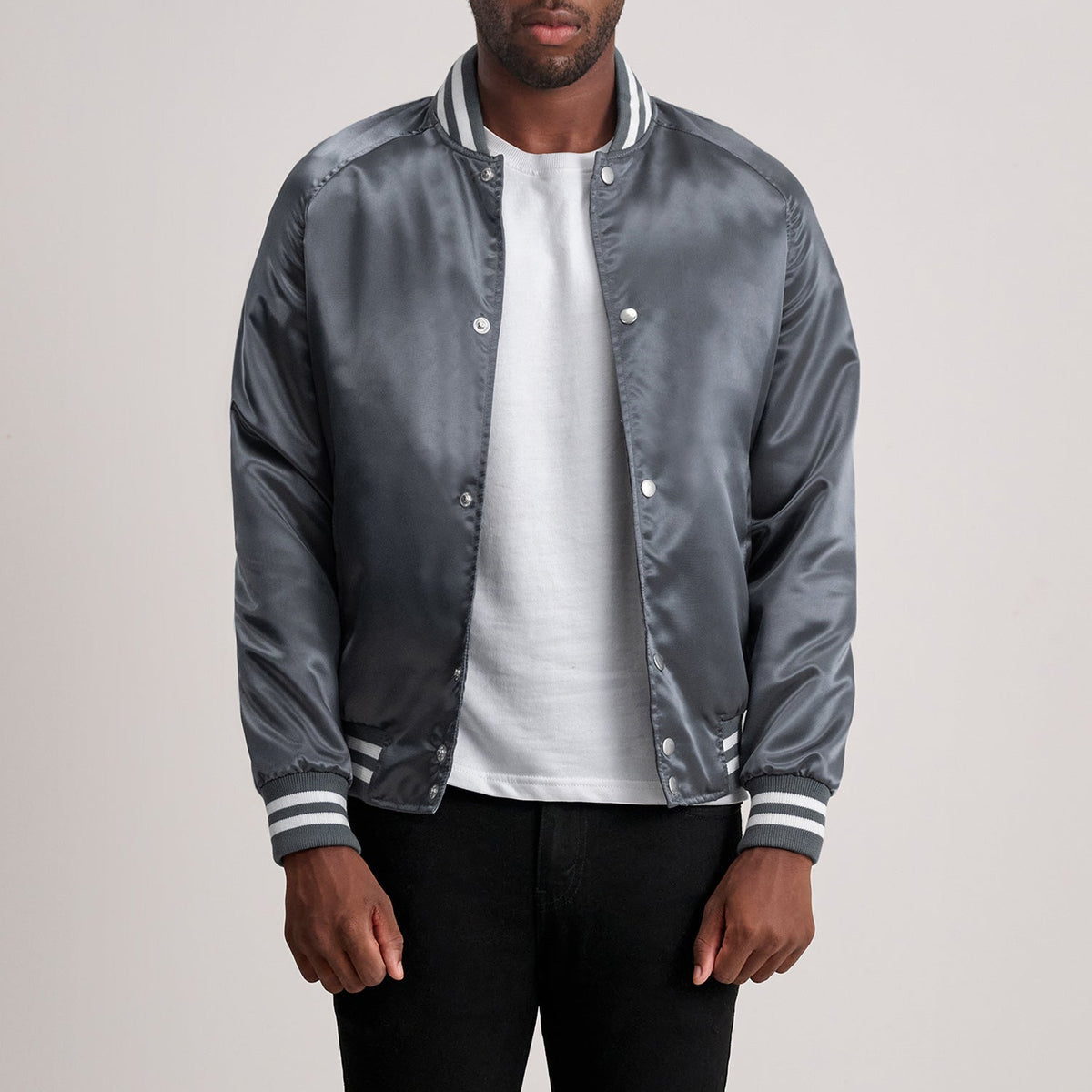 
Xander Grey Varsity Jacket - Lateral Side Profile View Showing Sleeve Cut & Athletic Taper Fit