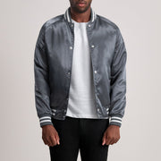 
Xander Grey Varsity Jacket - Lateral Side Profile View Showing Sleeve Cut & Athletic Taper Fit