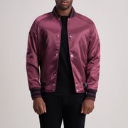 
Xander Maroon Varsity Jacket - Lateral Side Profile View Showing Sleeve Cut & Athletic Taper Fit
