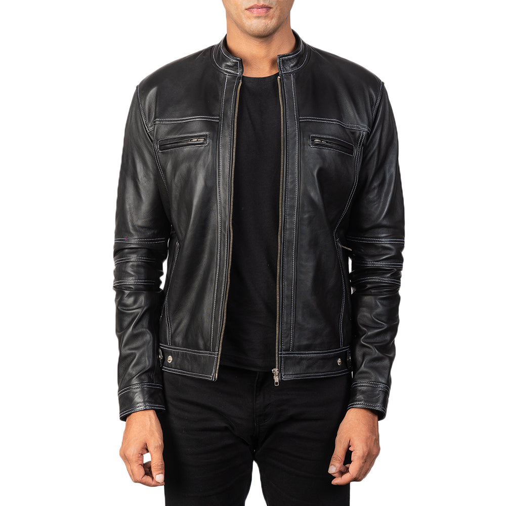 
Youngster Distressed Black Leather Jacket in Black Goatskin Snuffed - Front Profile View & Tailored Silhouette | Buy Online