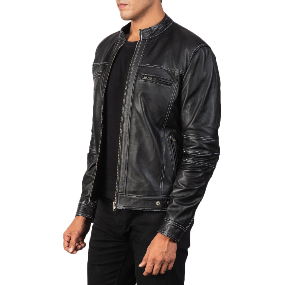 
Black Goatskin Snuffed Biker Jacket - Back View Showing Tailored Shoulder Fit & Clean Hemline