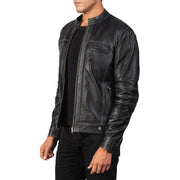 
Black Goatskin Snuffed Biker Jacket - Back View Showing Tailored Shoulder Fit & Clean Hemline