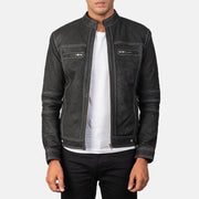 
Button & Hem Craftsmanship Construction Detail on Youngster Distressed Black Leather Jacket