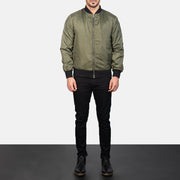 
Men's Zack Green Bomber Jacket - Lateral Side Profile View Showing Sleeve Cut & Athletic Taper Fit