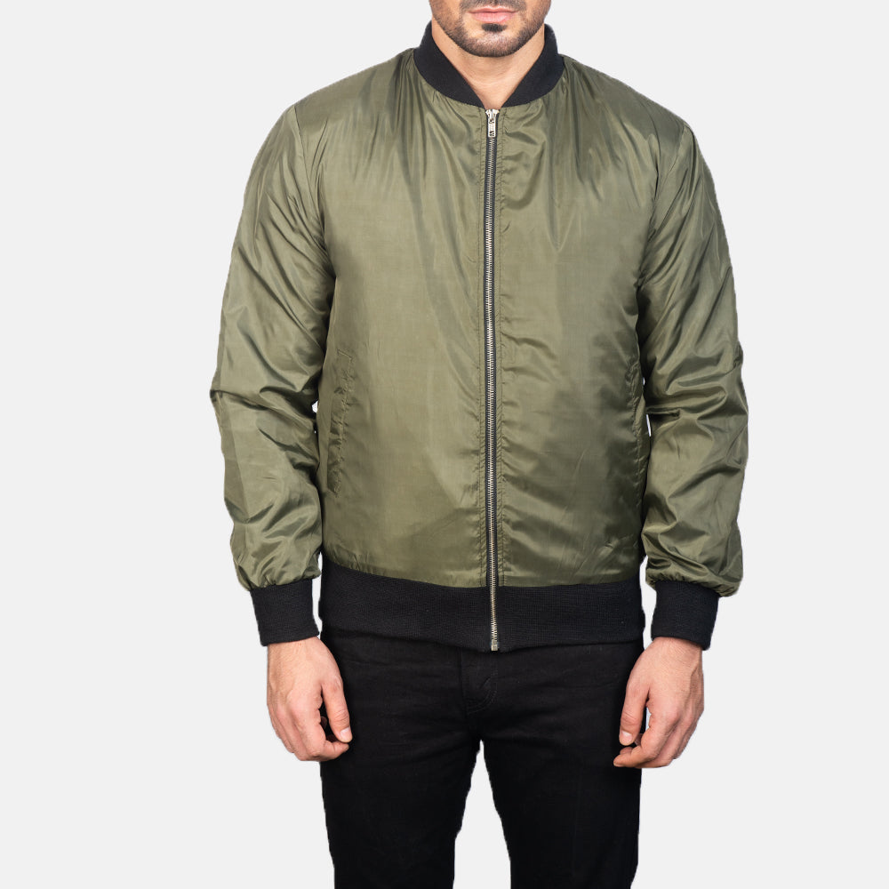 
Close-Up Detail of Varsity & Zipper Hardware on Men's Zack Green Bomber Jacket