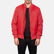 
Men's Zack Red Bomber Jacket in Red Nylon - Front Profile View & Tailored Silhouette | Buy Online