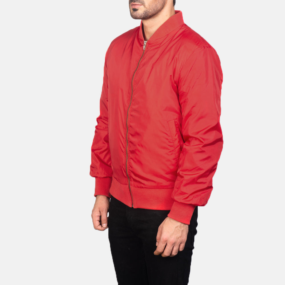 
Red Nylon Bomber Jacket - Back View Showing Tailored Shoulder Fit & Clean Hemline