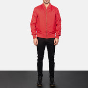 
Men's Zack Red Bomber Jacket - Lateral Side Profile View Showing Sleeve Cut & Athletic Taper Fit