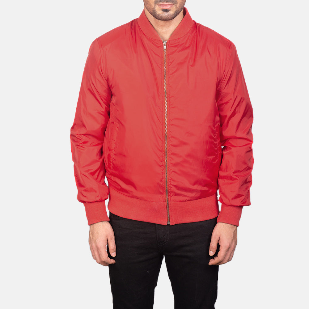 
Close-Up Detail of Varsity & Zipper Hardware on Men's Zack Red Bomber Jacket