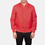 
Close-Up Detail of Varsity & Zipper Hardware on Men's Zack Red Bomber Jacket