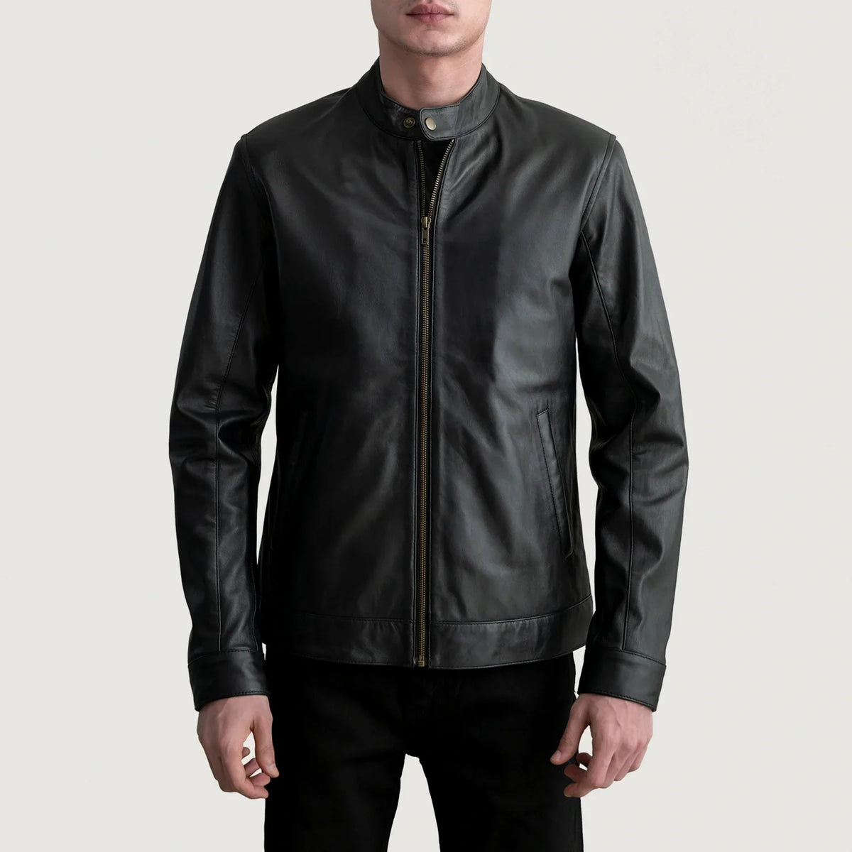 
Zen Black Leather Biker Jacket in Black Sheepskin Leather - Front Profile View & Tailored Silhouette | Buy Online