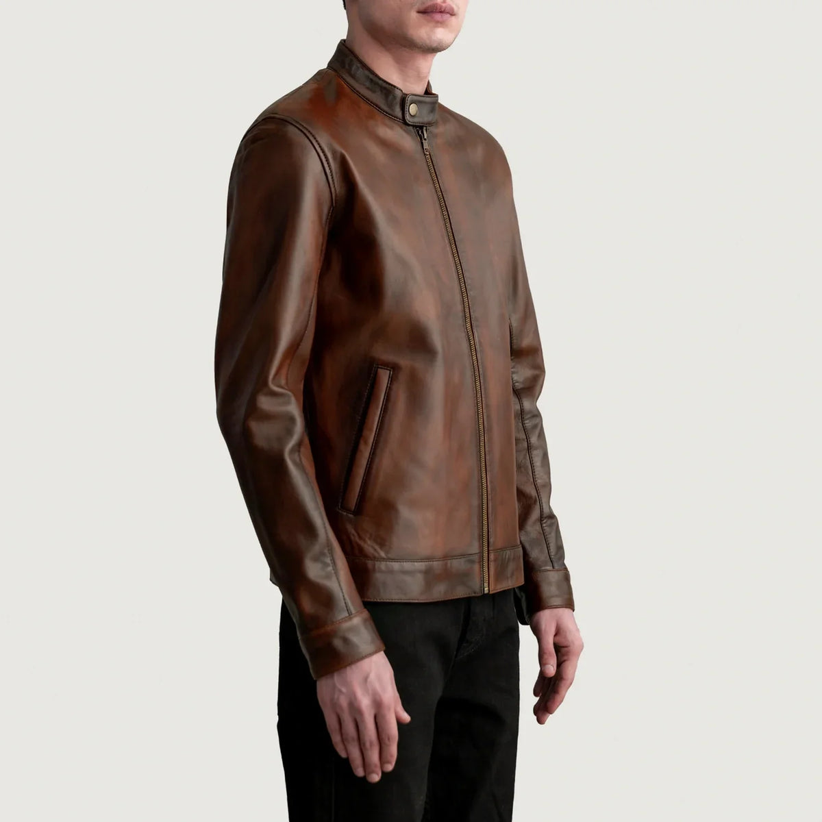 
Distressed Brown Sheepskin Leather Biker Jacket - Back View Showing Tailored Shoulder Fit & Clean Hemline