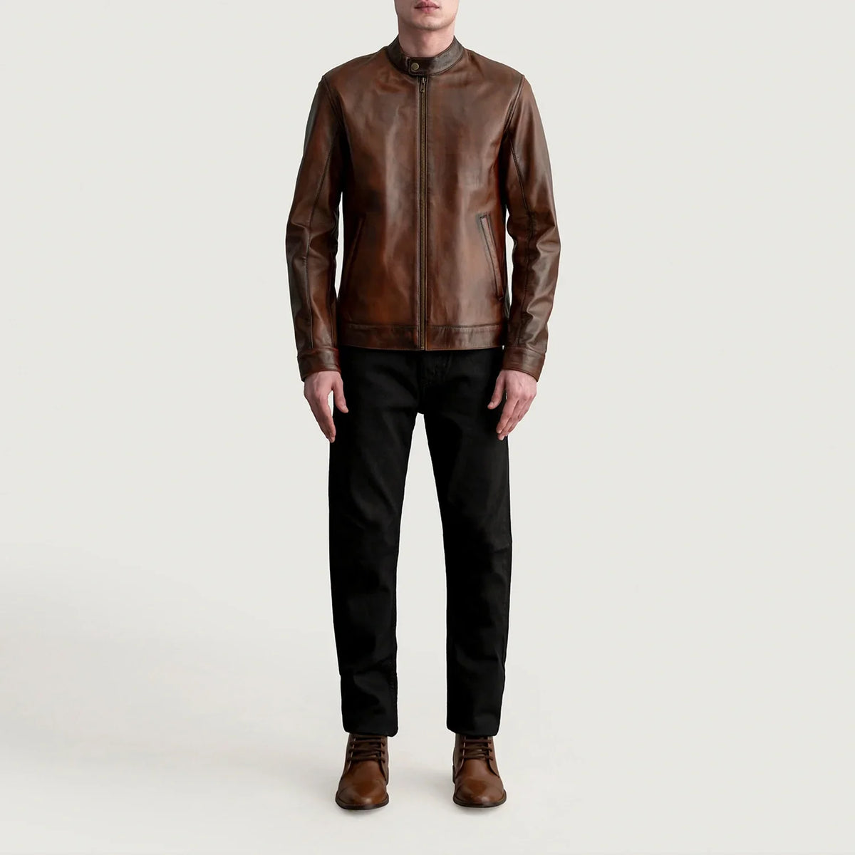 
Close-Up Detail of Snap Button & Zipper Hardware on Zen Distressed Brown Leather Biker Jacket