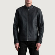 
Zen Tumbled Black Leather Biker Jacket in Tumbled Black Sheepskin Leather - Front Profile View & Tailored Silhouette | Buy Online