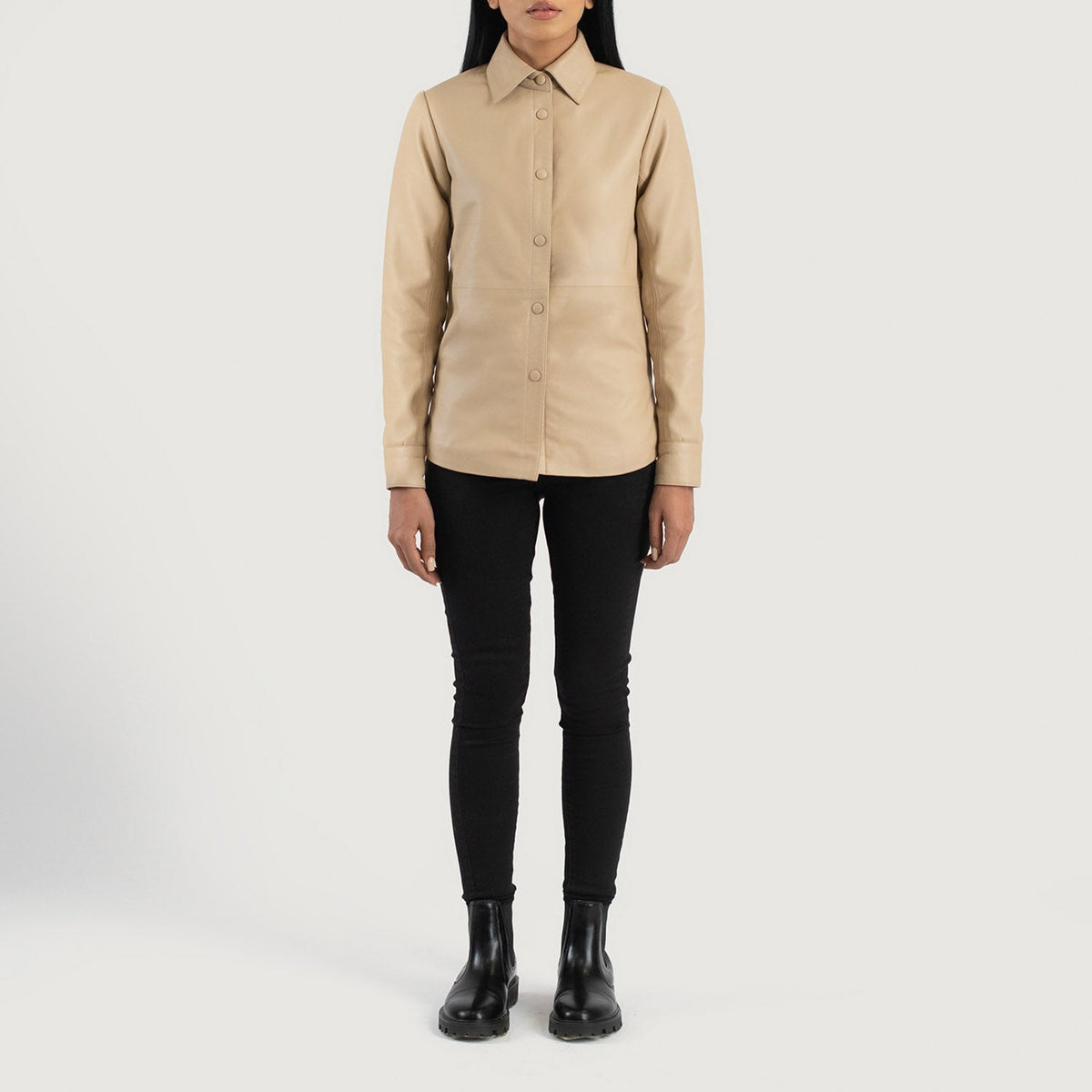 
Women's Zenith Beige Leather Shirt Jacket - Lateral Side Profile View Showing Sleeve Cut & Athletic Taper Fit