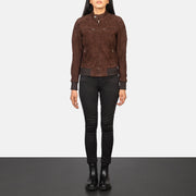 
Women's Zenna Mocha Suede Bomber Jacket - Lateral Side Profile View Showing Sleeve Cut & Athletic Taper Fit