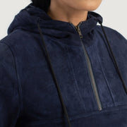 
Close-Up Detail of Classic Collar & Heavy-Duty Zipper Hardware on Zest Blue Hooded Suede Pullover Jacket