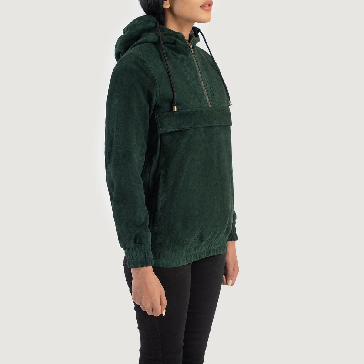 
Styled Fit Perspective of Zest Blue Hooded Suede Pullover Jacket on Model - Natural Daylight Drape