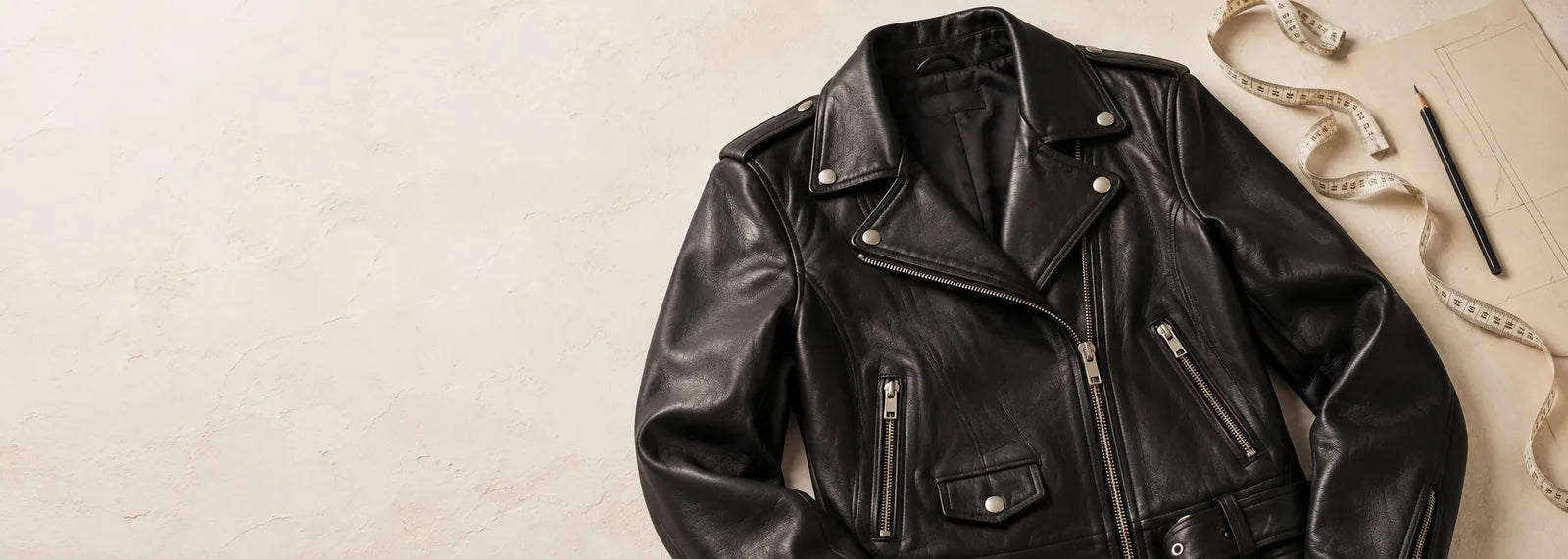 Black leather jacket with a tailor's measuring tape